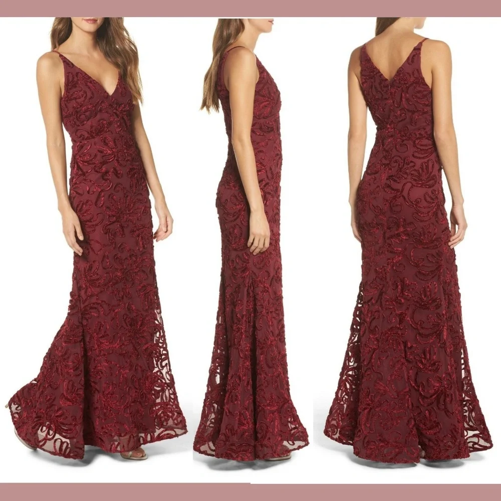 NEW $258 XSCAPE [SIZE 0 ] Flocked Velvet Mesh Gown‎ in Wine Red